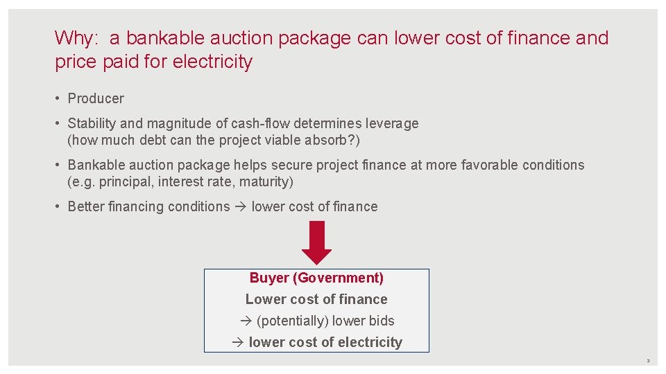 Why: a bankable auction package can lower cost of finance and price paid for