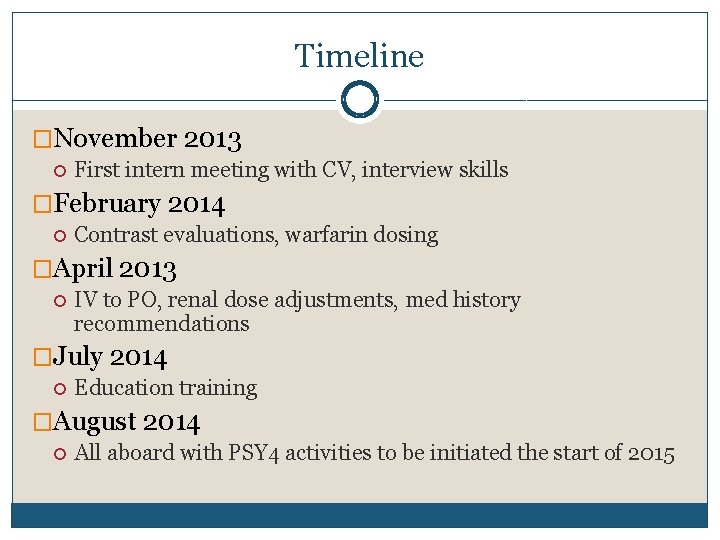 Timeline �November 2013 First intern meeting with CV, interview skills �February 2014 Contrast evaluations,