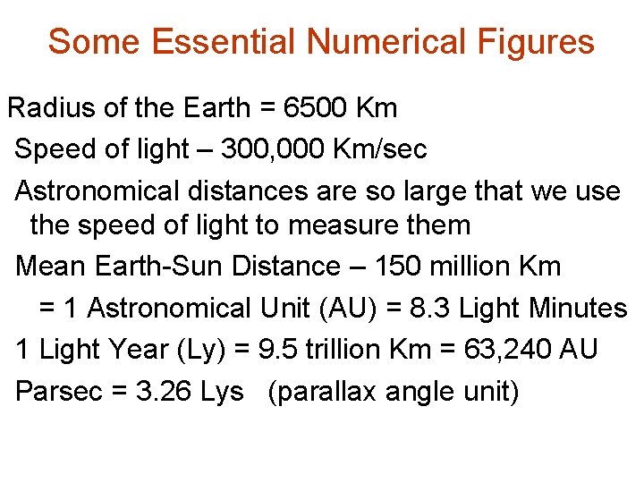 Some Essential Numerical Figures Radius of the Earth = 6500 Km Speed of light
