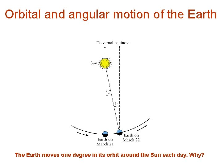 Orbital and angular motion of the Earth The Earth moves one degree in its