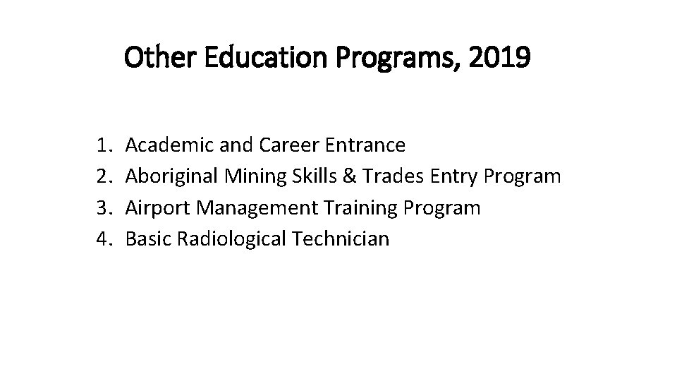 Other Education Programs, 2019 1. 2. 3. 4. Academic and Career Entrance Aboriginal Mining