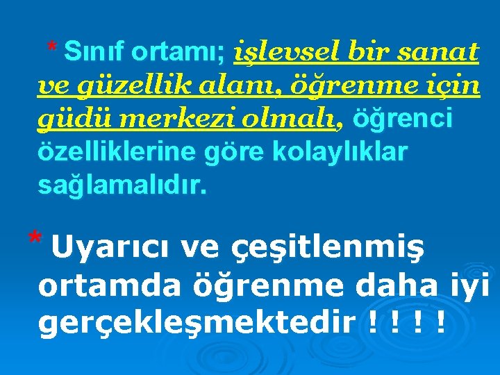 * Sınıf ortamı; işlevsel bir sanat ve güzellik alanı, öğrenme için güdü merkezi olmalı,