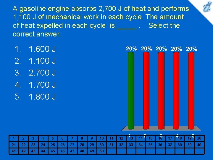 A gasoline engine absorbs 2, 700 J of heat and performs 1, 100 J