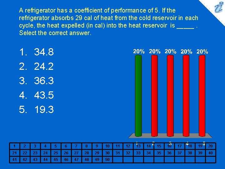 A refrigerator has a coefficient of performance of 5. If the refrigerator absorbs 29