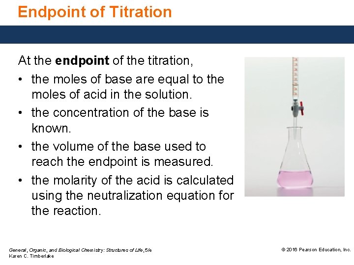 Endpoint of Titration At the endpoint of the titration, • the moles of base