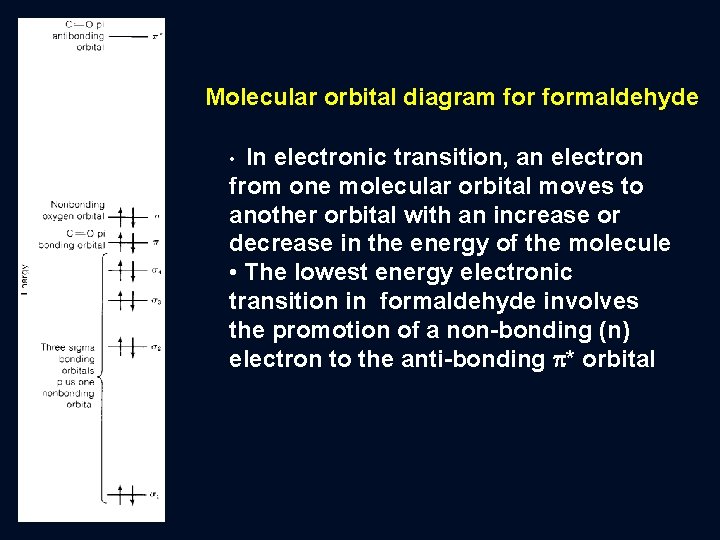 Molecular orbital diagram formaldehyde In electronic transition, an electron from one molecular orbital moves