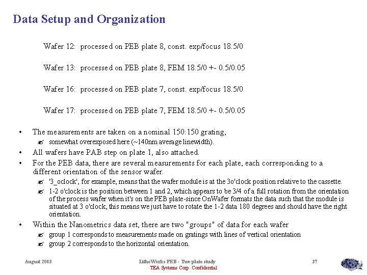 Data Setup and Organization Wafer 12: processed on PEB plate 8, const. exp/focus 18.