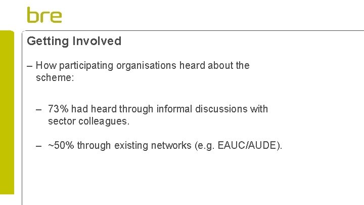 Getting Involved – How participating organisations heard about the scheme: – 73% had heard