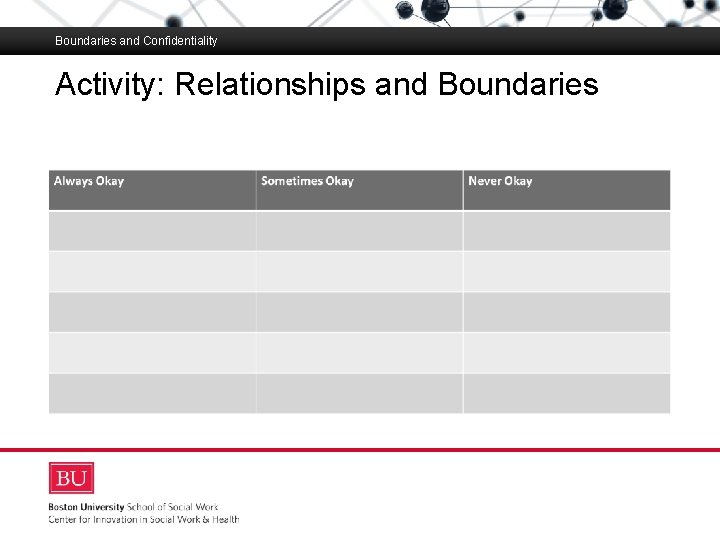 Boundaries and Confidentiality Activity: Relationships and Boundaries Boston University Slideshow Title Goes Here 