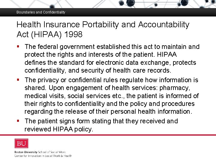 Boundaries and Confidentiality Health Insurance Portability and Accountability Act (HIPAA) 1998 Boston University Slideshow