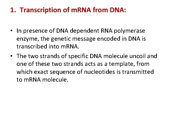 1. Transcription of m. RNA from DNA: • In presence of DNA dependent RNA