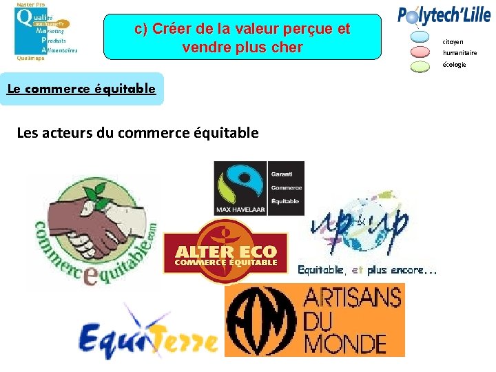 c) Créer de la valeur perçue et vendre plus cher citoyen humanitaire écologie Le