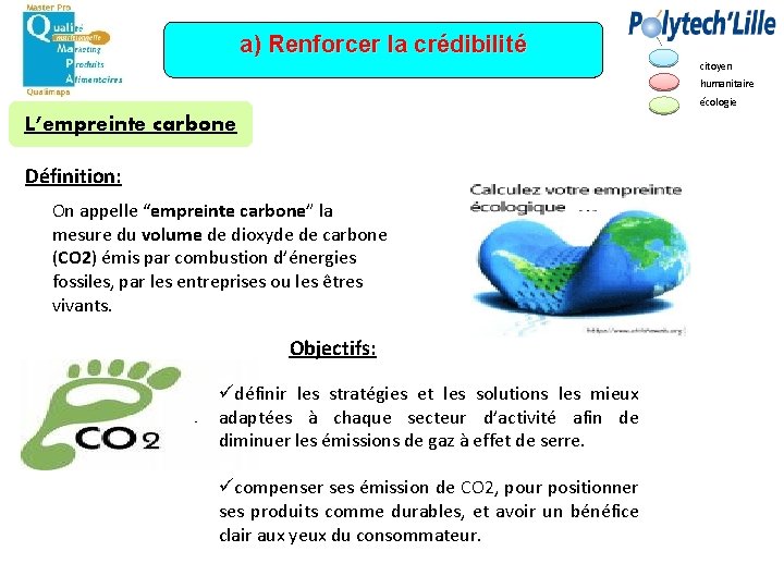 a) Renforcer la crédibilité citoyen humanitaire écologie L’empreinte carbone Définition: On appelle “empreinte carbone”