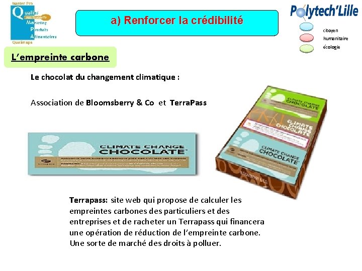 a) Renforcer la crédibilité citoyen humanitaire écologie L’empreinte carbone Le chocolat du changement climatique