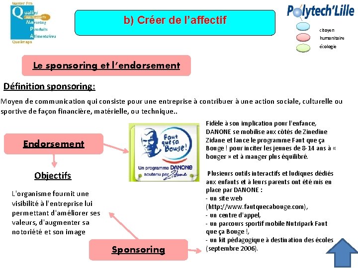 b) Créer de l’affectif citoyen humanitaire écologie Le sponsoring et l’endorsement Définition sponsoring: Moyen
