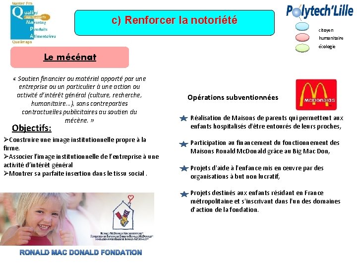 c) Renforcer la notoriété citoyen humanitaire écologie Le mécénat « Soutien financier ou matériel