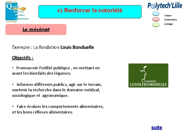 c) Renforcer la notoriété citoyen humanitaire écologie Le mécénat Exemple : La fondation Louis