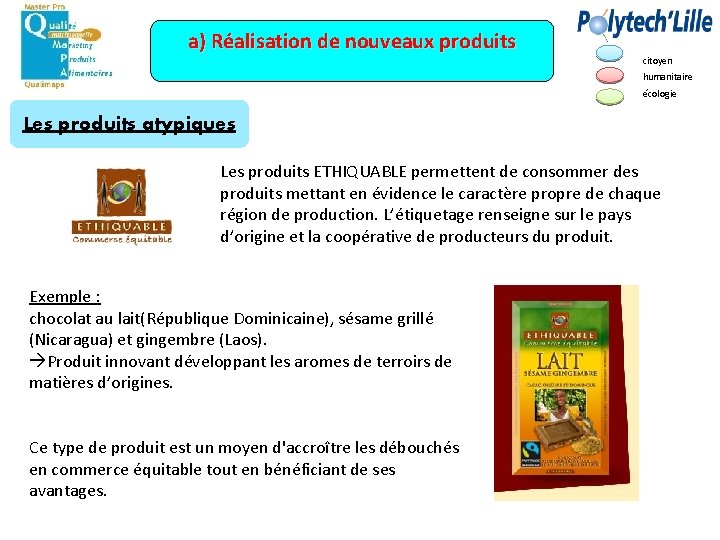 a) Réalisation de nouveaux produits citoyen humanitaire écologie Les produits atypiques Les produits ETHIQUABLE