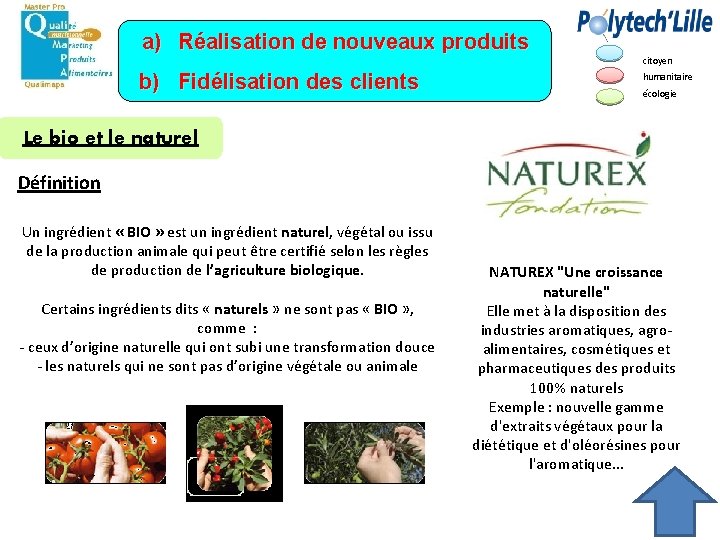 a) Réalisation de nouveaux produits b) Fidélisation des clients citoyen humanitaire écologie Le bio