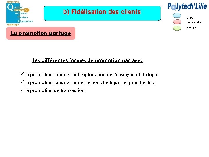b) Fidélisation des clients citoyen humanitaire écologie La promotion partage Les différentes formes de
