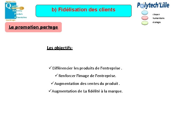 b) Fidélisation des clients citoyen humanitaire écologie La promotion partage Les objectifs: üDifférencier les