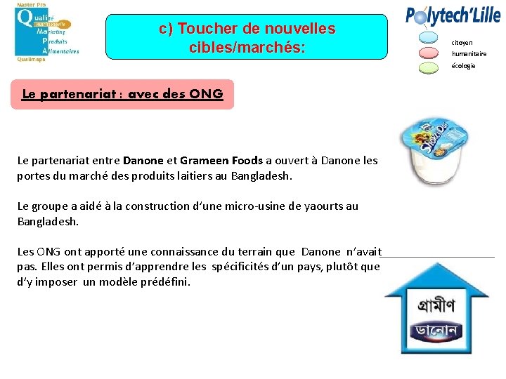 c) Toucher de nouvelles cibles/marchés: citoyen humanitaire écologie Le partenariat : avec des ONG