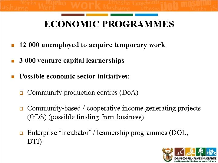 ECONOMIC PROGRAMMES n 12 000 unemployed to acquire temporary work n 3 000 venture