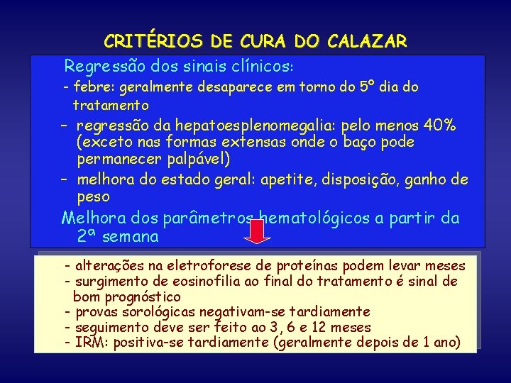 CRITÉRIOS DE CURA DO CALAZAR Regressão dos sinais clínicos: - febre: geralmente desaparece em