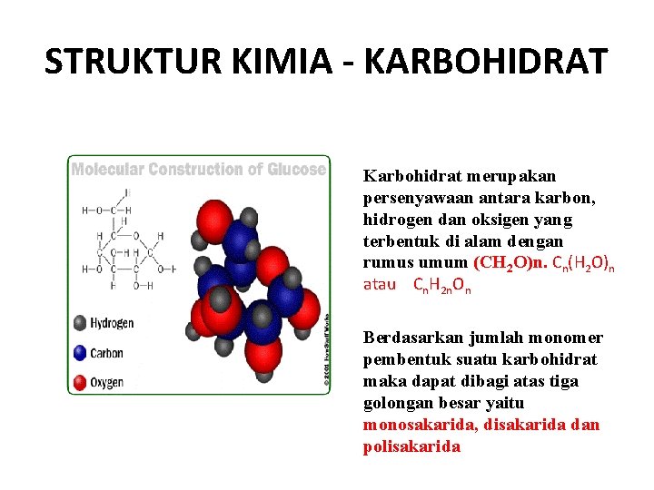 STRUKTUR KIMIA - KARBOHIDRAT Karbohidrat merupakan persenyawaan antara karbon, hidrogen dan oksigen yang terbentuk