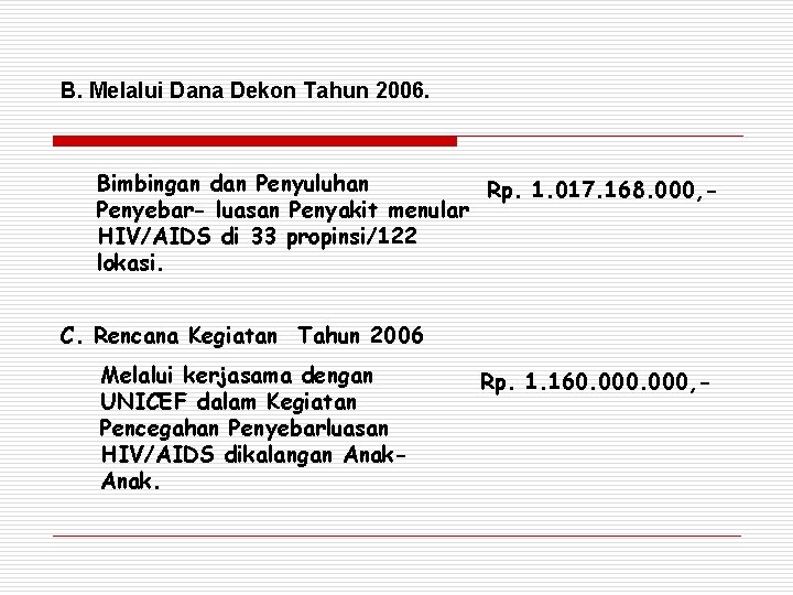 B. Melalui Dana Dekon Tahun 2006. Bimbingan dan Penyuluhan Rp. 1. 017. 168. 000,