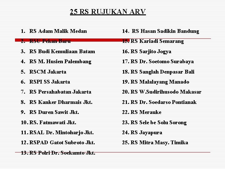 25 RS RUJUKAN ARV 1. RS Adam Malik Medan 14. RS Hasan Sadikin Bandung