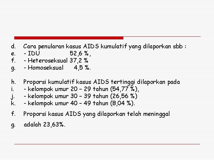 d. e. f. g. Cara penularan kasus AIDS kumulatif yang dilaporkan sbb : -