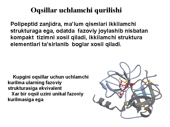 Oqsillar uchlamchi qurilishi Polipeptid zanjidra, ma’lum qismlari ikkilamchi strukturaga ega, odatda fazoviy joylashib nisbatan