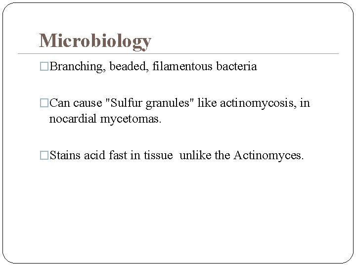 Microbiology �Branching, beaded, filamentous bacteria �Can cause "Sulfur granules" like actinomycosis, in nocardial mycetomas.