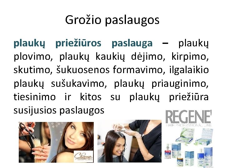 Grožio paslaugos plaukų priežiūros paslauga – plaukų plovimo, plaukų kaukių dėjimo, kirpimo, skutimo, šukuosenos