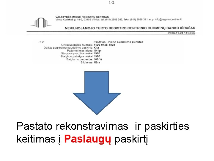 Pastato rekonstravimas ir paskirties keitimas į Paslaugų paskirtį 