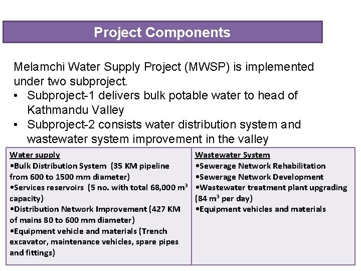 Project Components Melamchi Water Supply Project (MWSP) is implemented under two subproject. • Subproject-1