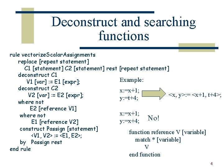 Deconstruct and searching functions rule vectorize. Scalar. Assignments replace [repeat statement] C 1 [statement]