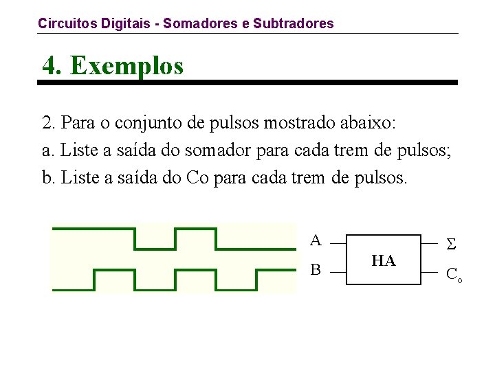 Circuitos Digitais - Somadores e Subtradores 4. Exemplos 2. Para o conjunto de pulsos
