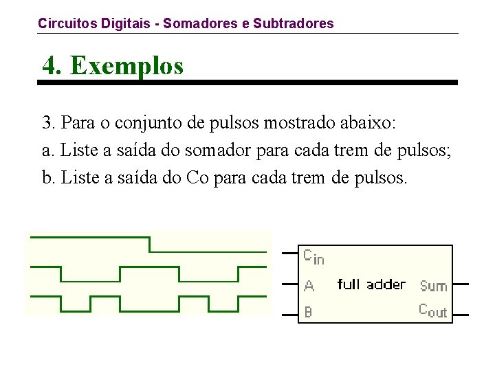 Circuitos Digitais - Somadores e Subtradores 4. Exemplos 3. Para o conjunto de pulsos
