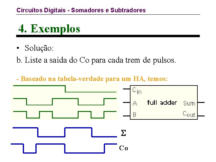 Circuitos Digitais - Somadores e Subtradores 4. Exemplos • Solução: b. Liste a saída