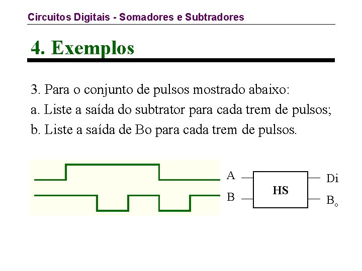 Circuitos Digitais - Somadores e Subtradores 4. Exemplos 3. Para o conjunto de pulsos