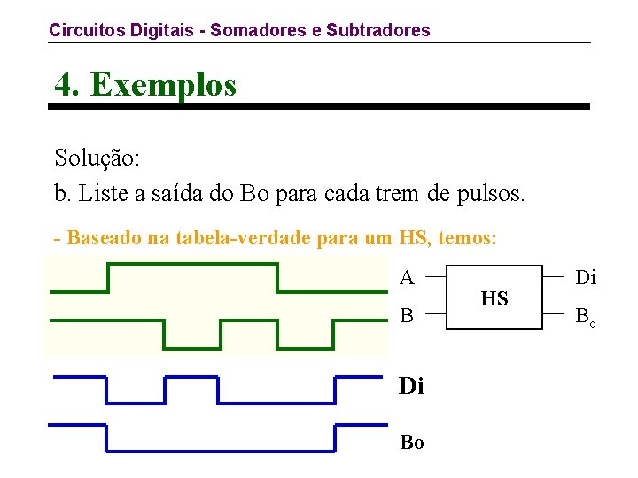 Circuitos Digitais - Somadores e Subtradores 4. Exemplos Solução: b. Liste a saída do