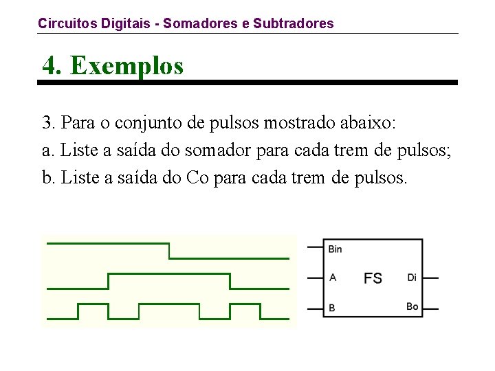 Circuitos Digitais - Somadores e Subtradores 4. Exemplos 3. Para o conjunto de pulsos