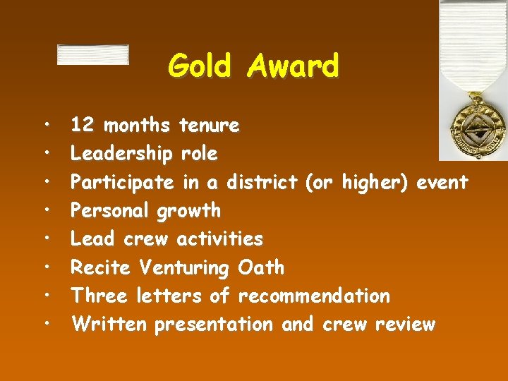 Gold Award • • 12 months tenure Leadership role Participate in a district (or