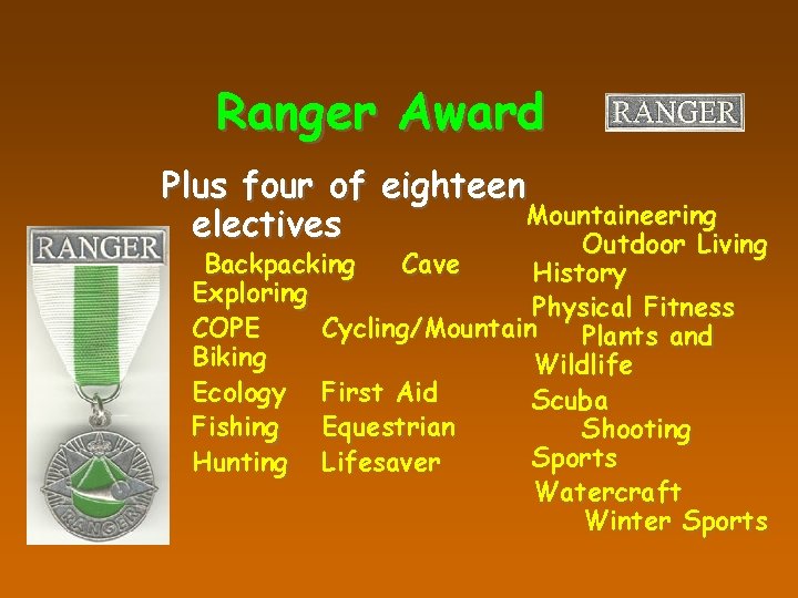 Ranger Award Plus four of eighteen Mountaineering electives Outdoor Living Backpacking Cave History Exploring