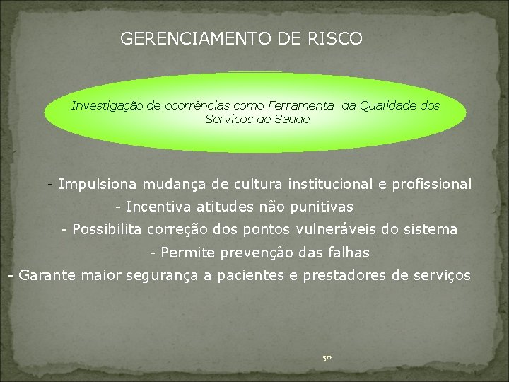 GERENCIAMENTO DE RISCO Investigação de ocorrências como Ferramenta da Qualidade dos Serviços de Saúde