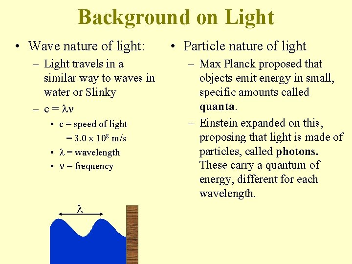 Background on Light • Wave nature of light: – Light travels in a similar