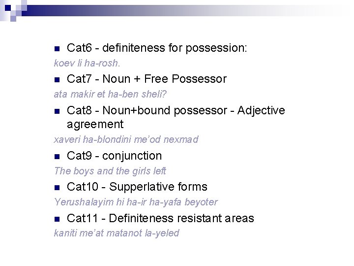 n Cat 6 - definiteness for possession: koev li ha-rosh. n Cat 7 -