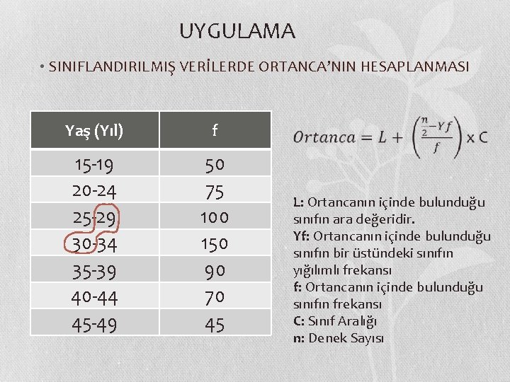 UYGULAMA • SINIFLANDIRILMIŞ VERİLERDE ORTANCA’NIN HESAPLANMASI Yaş (Yıl) f 15 -19 20 -24 25